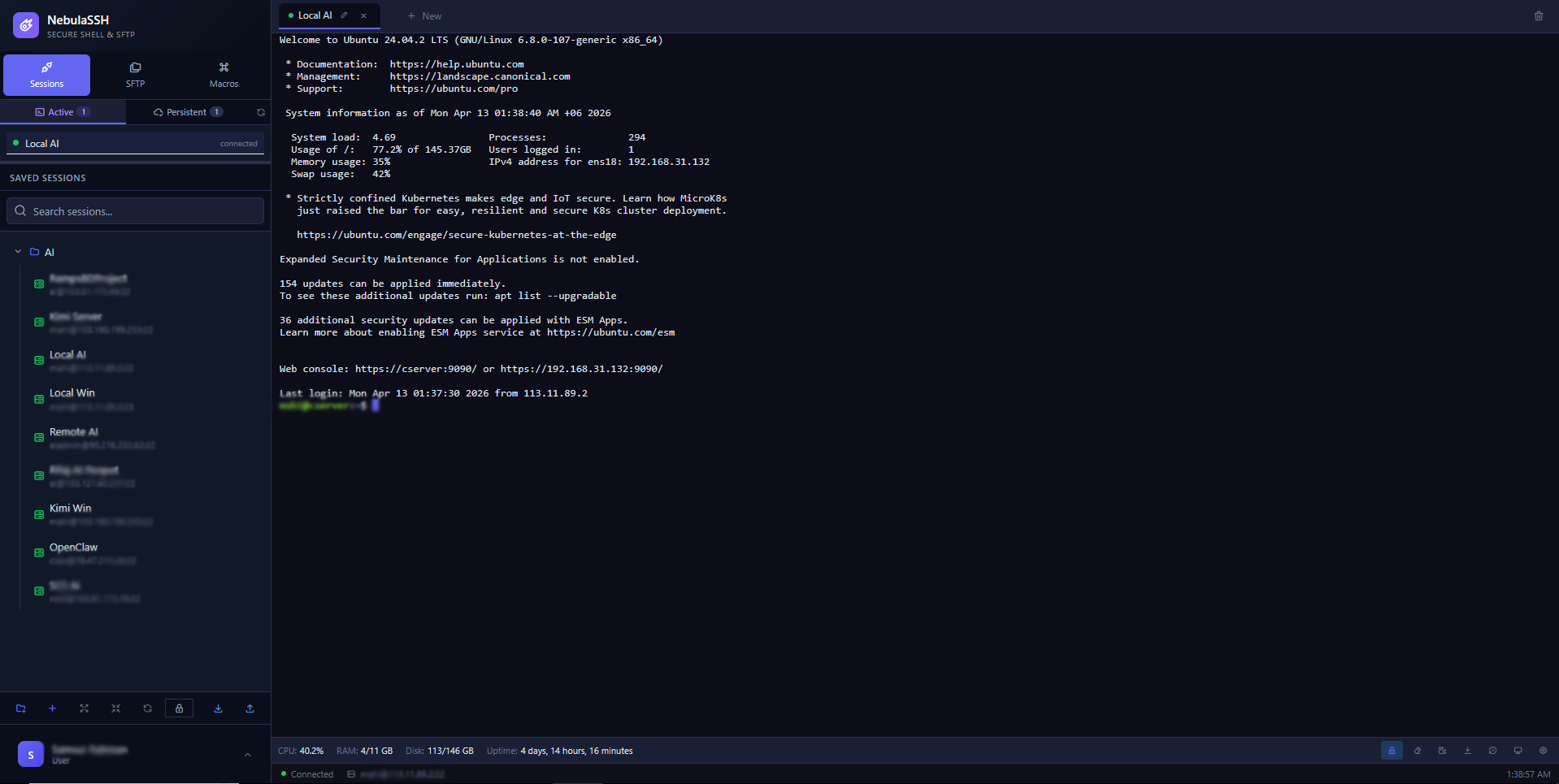 The NebulaSSH dashboard with saved sessions, a live SSH terminal on Ubuntu 24.04 and CPU, RAM and uptime metrics