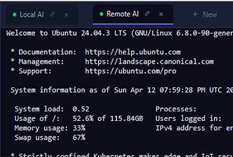 Two NebulaSSH session tabs open side by side, a local host and a remote Ubuntu 24.04 server